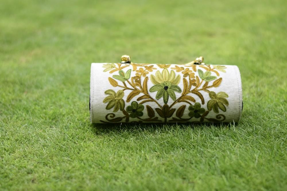 Suede White Color Kashmiri Embroidered Hand Clutch