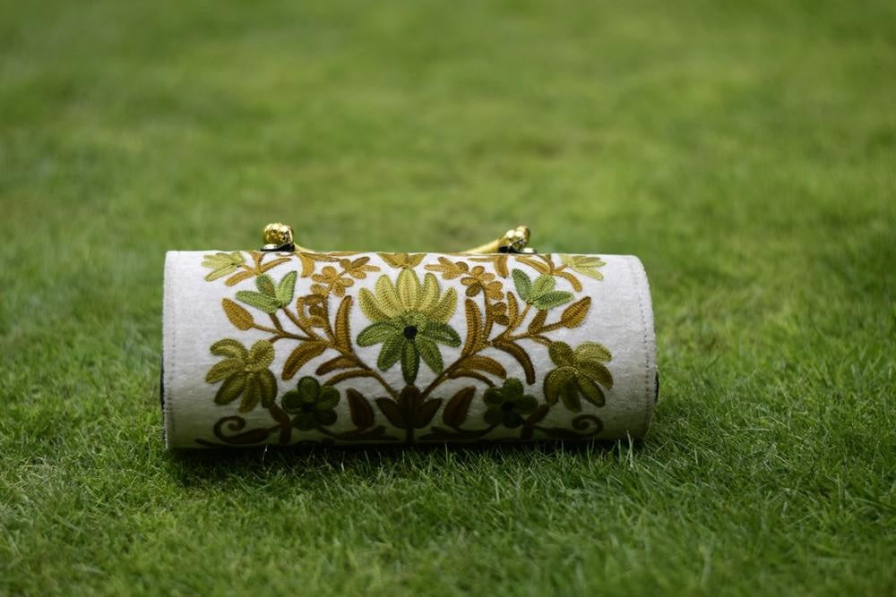 Suede White Color Kashmiri Embroidered Hand Clutch