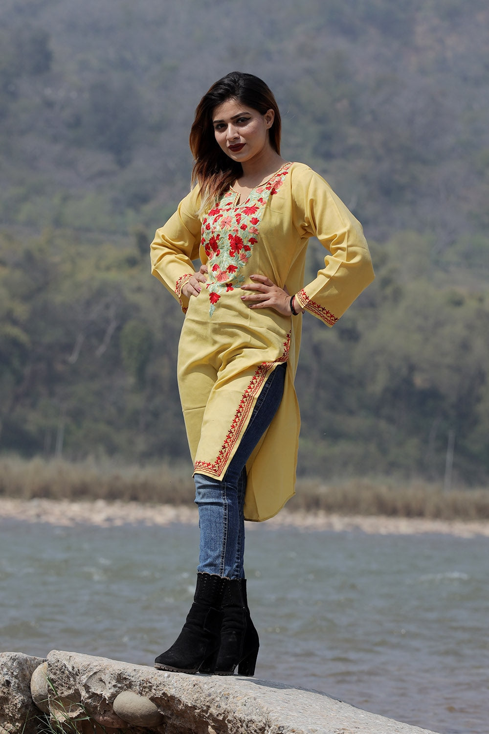 Sunshine Yellow Colour Cotton Kurti With Beautiful Aari