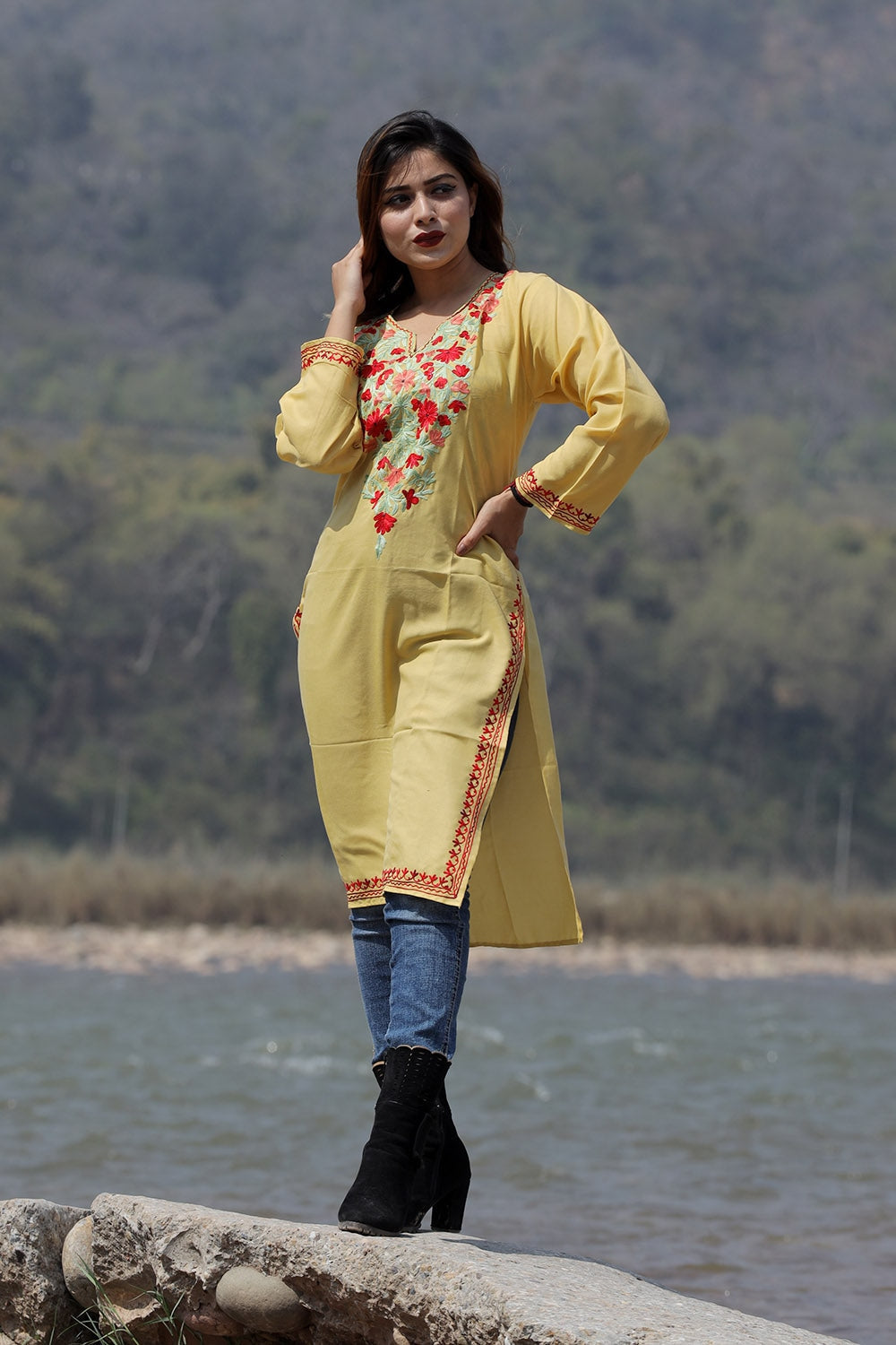 Sunshine Yellow Colour Cotton Kurti With Beautiful Aari