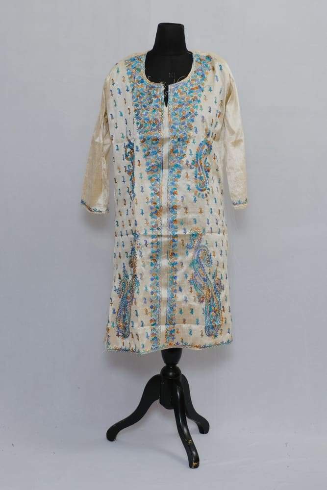 Superior Beige Colour Aari Work Kurti With Multi Neckline