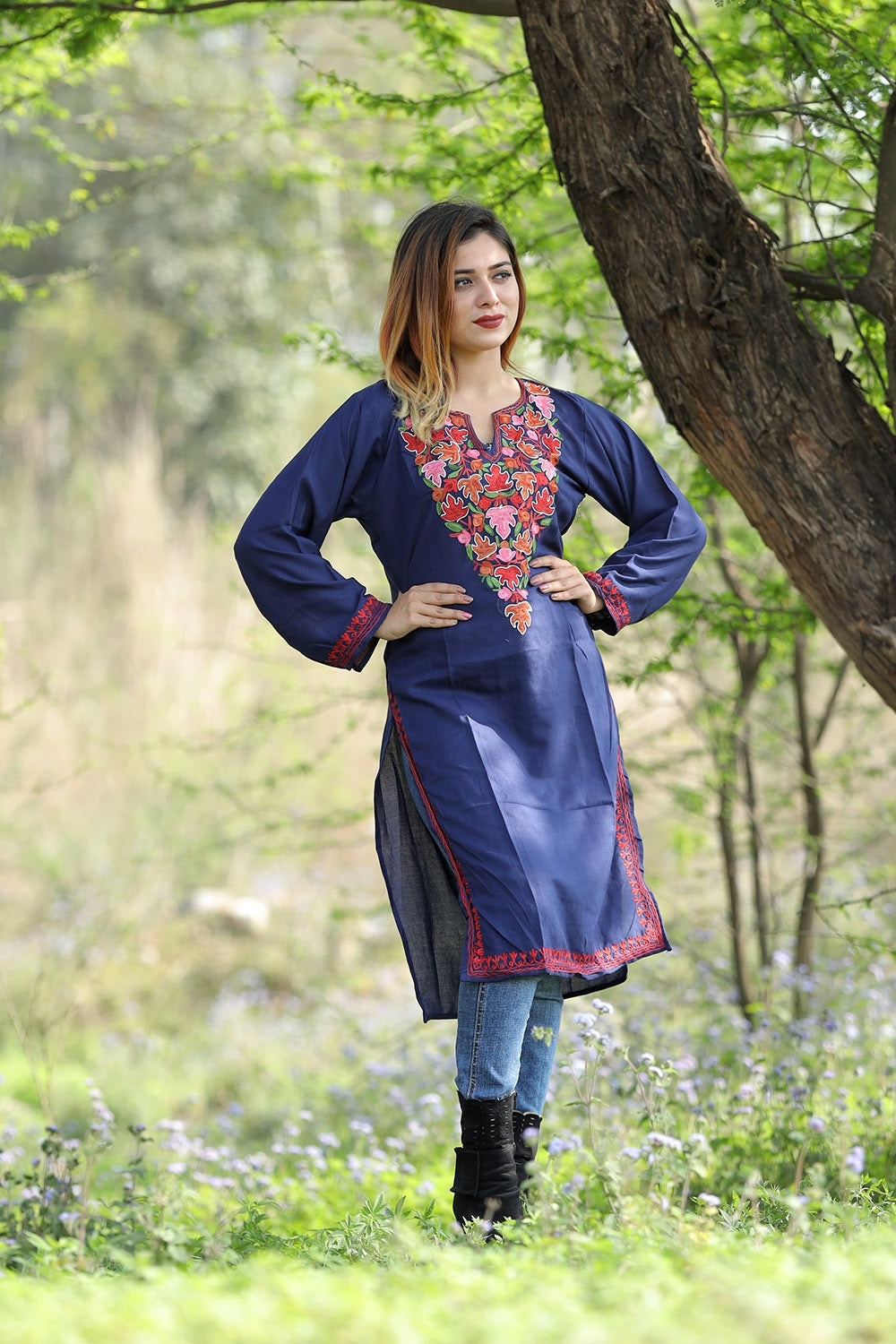 Symbol of sophistication Navy Blue Colour Cotton Kurti With Beautiful