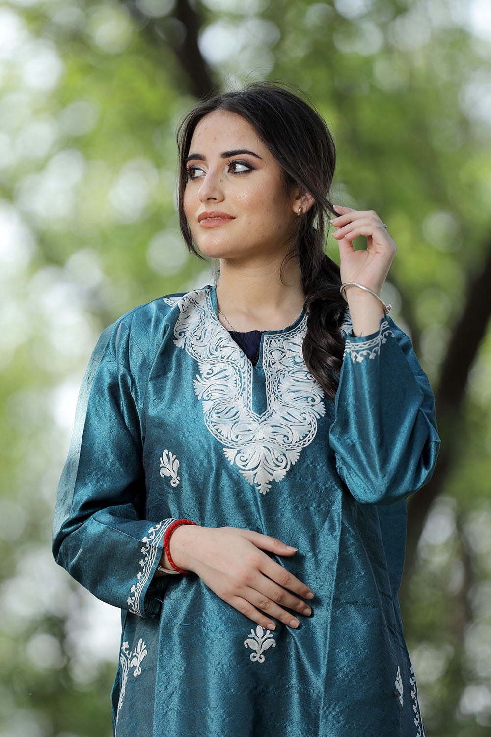 Teal Blue Colour Rayon Silk Kurti With Beautiful Aari