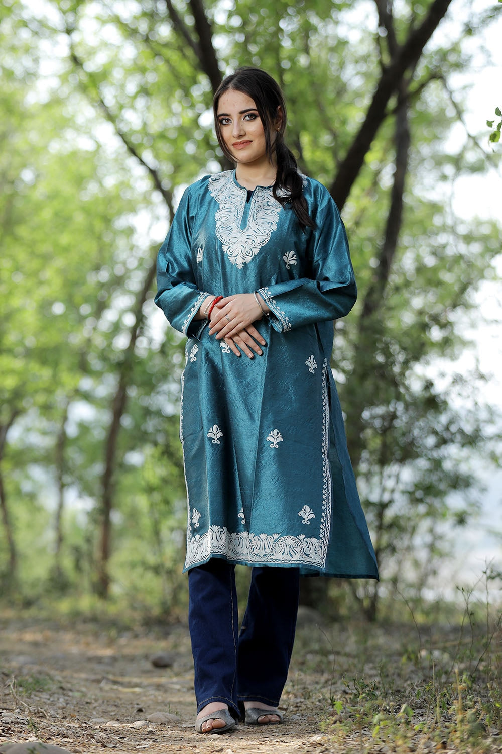 Teal Blue Colour Rayon Silk Kurti With Beautiful Aari