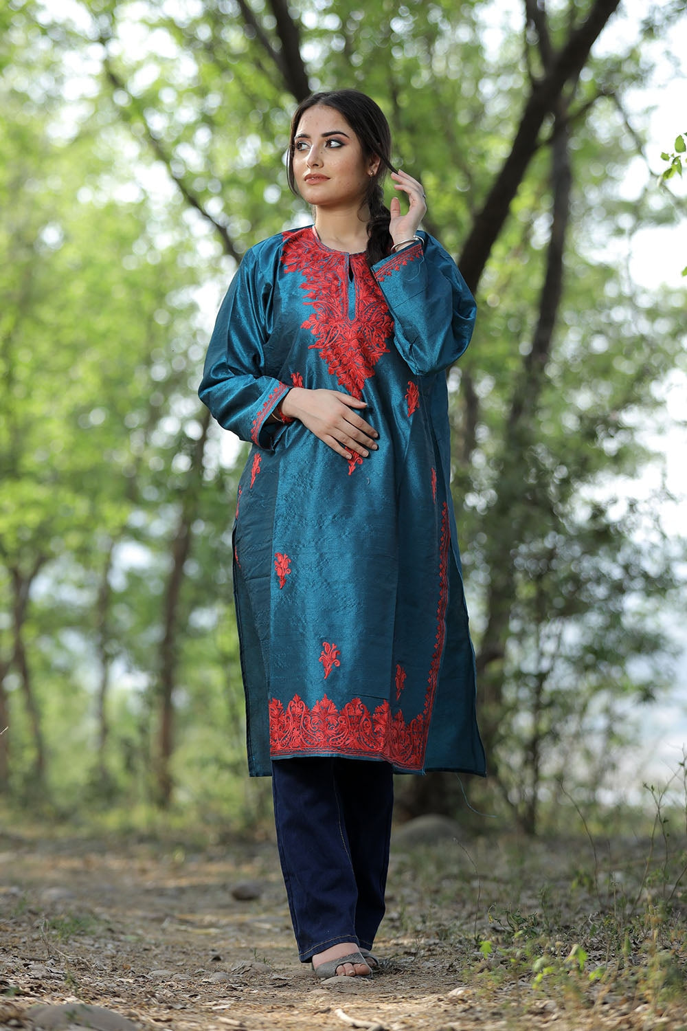 Teal Blue Colour Rayon Silk Kurti With Beautiful Aari