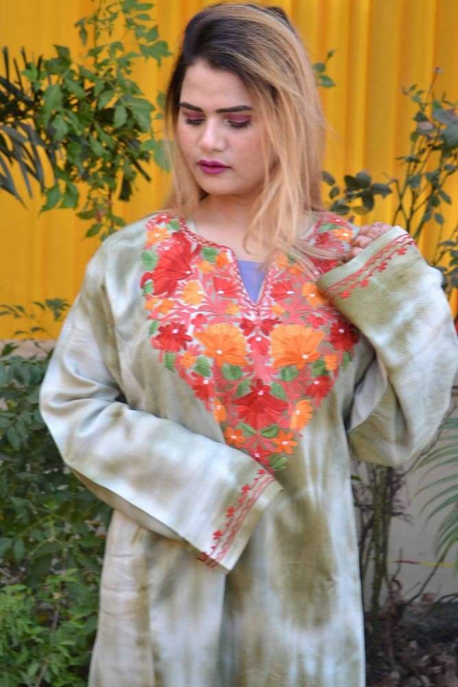 Tie Dye Color Aari Work Embroidered Phiran Enriched