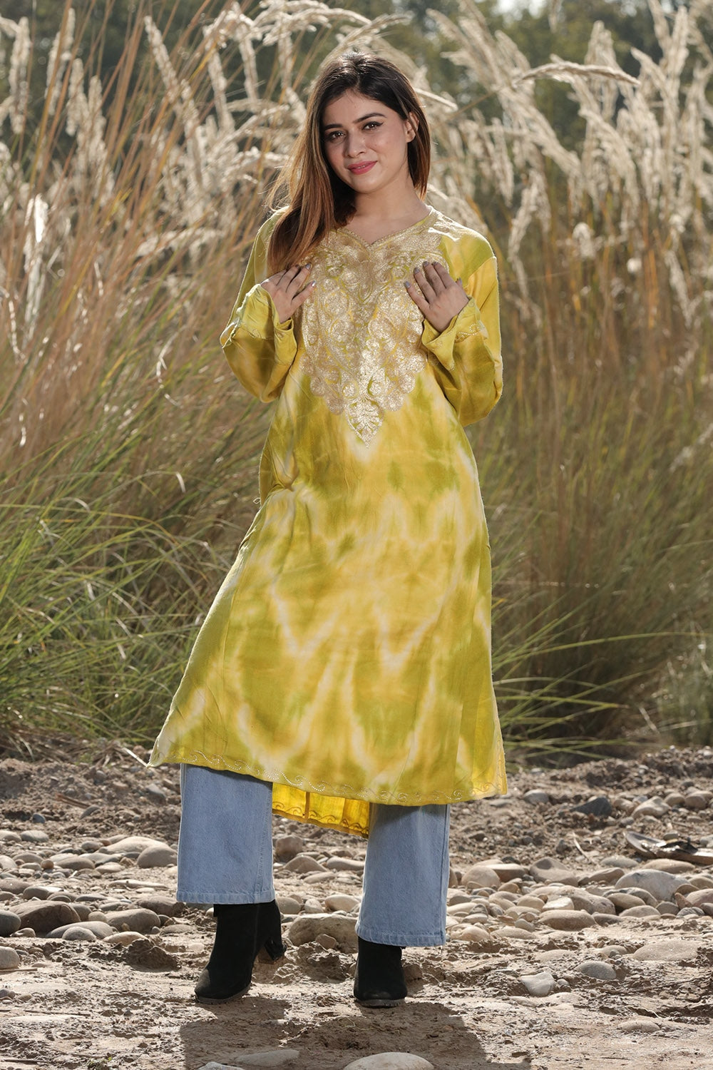 TIE DYE GREENISH YELLOW Color Aari Tilla Work Embroidered