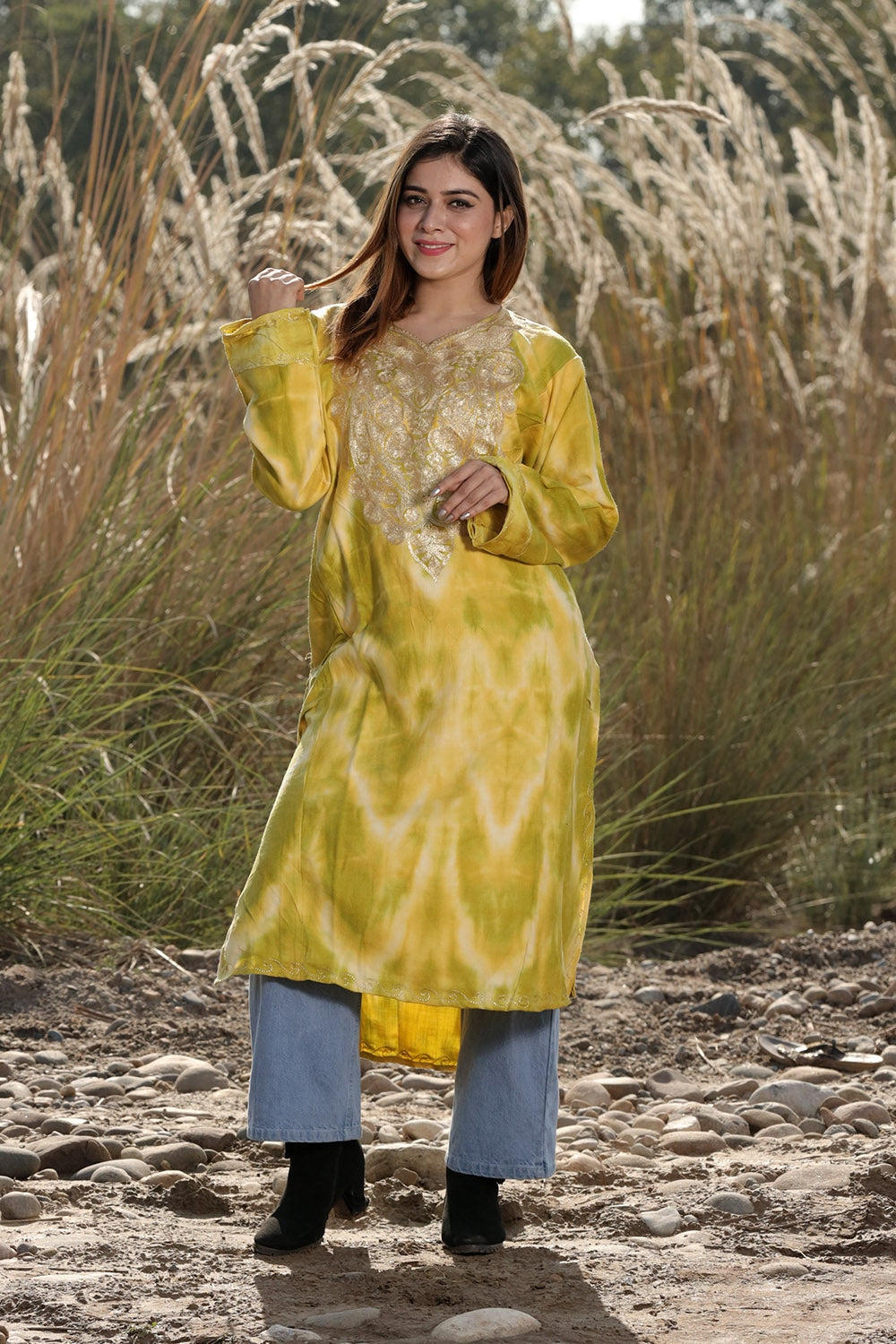 TIE DYE GREENISH YELLOW Color Aari Tilla Work Embroidered