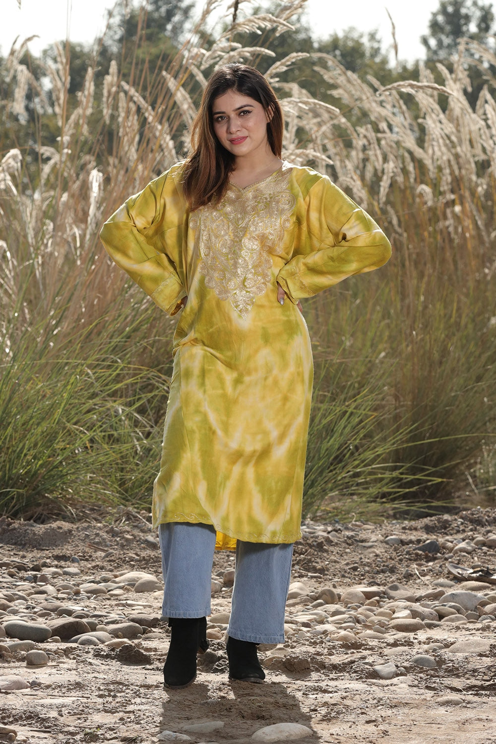 TIE DYE GREENISH YELLOW Color Aari Tilla Work Embroidered