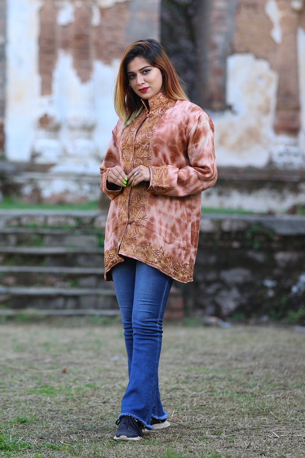 Tie & Dye Tan Brown Colour Kashmiri Aari Work Embroidered