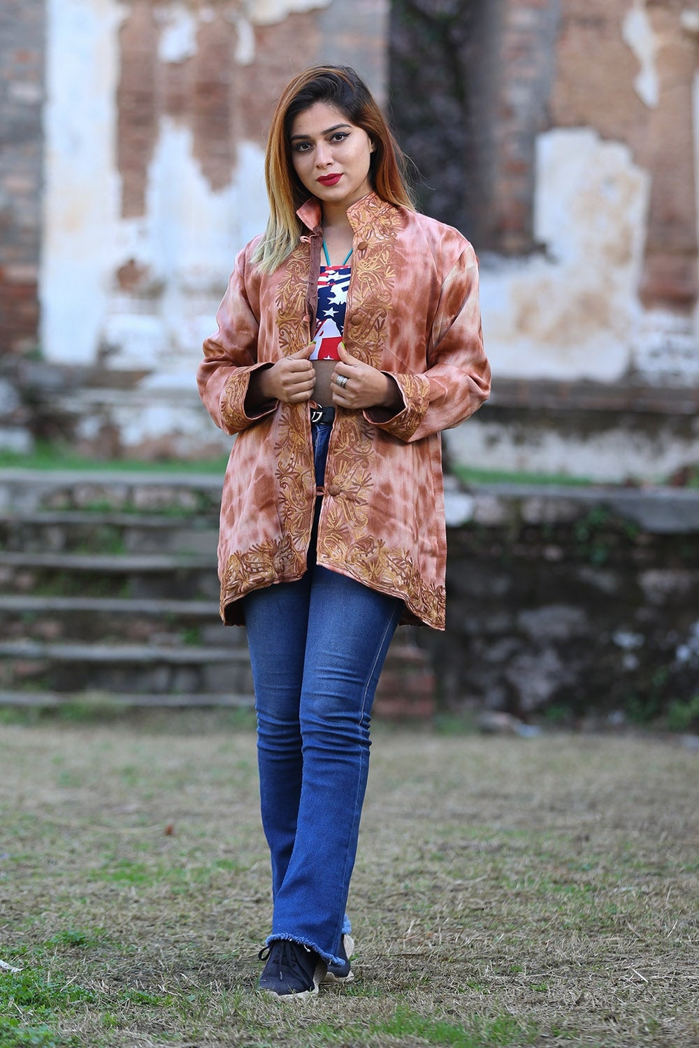 Tie & Dye Tan Brown Colour Kashmiri Aari Work Embroidered