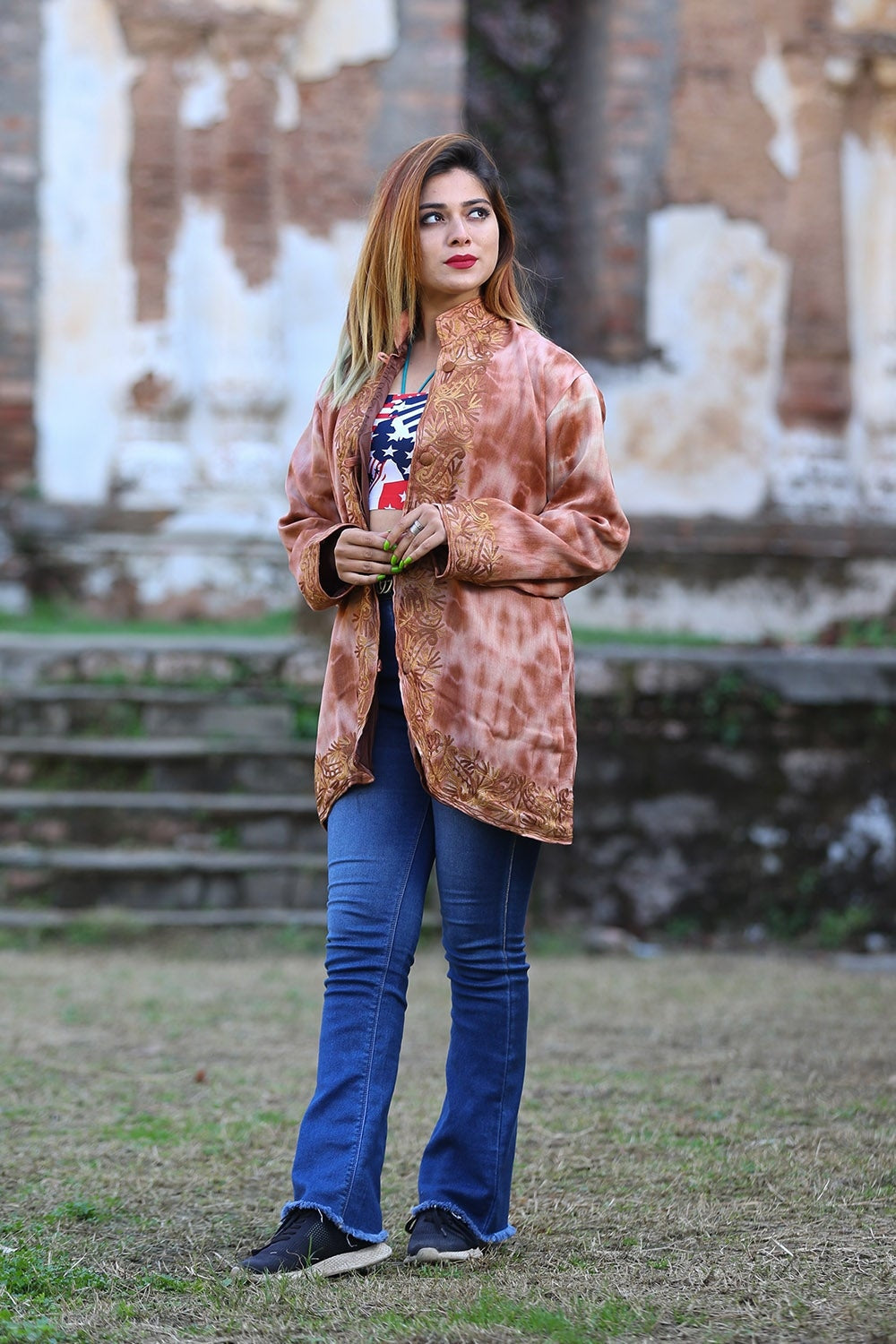 Tie & Dye Tan Brown Colour Kashmiri Aari Work Embroidered