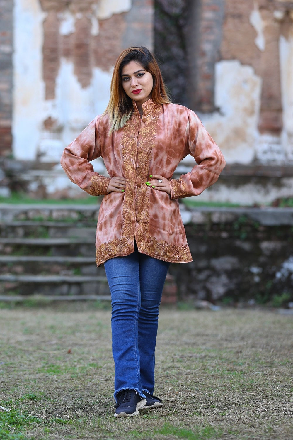 Tie & Dye Tan Brown Colour Kashmiri Aari Work Embroidered