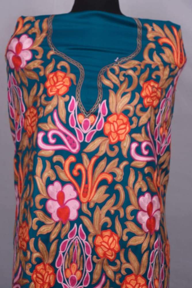 Tint Blue Color Kashmiri Aari Work Unstitched Woollen Suit