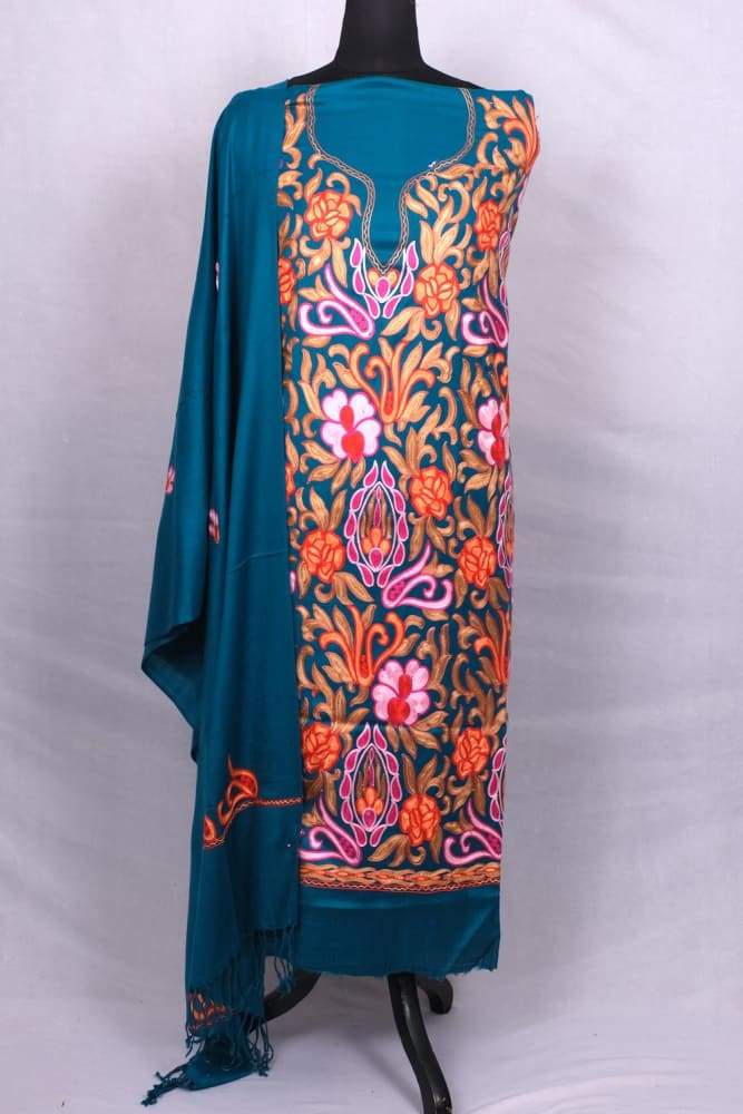 Tint Blue Color Kashmiri Aari Work Unstitched Woollen Suit