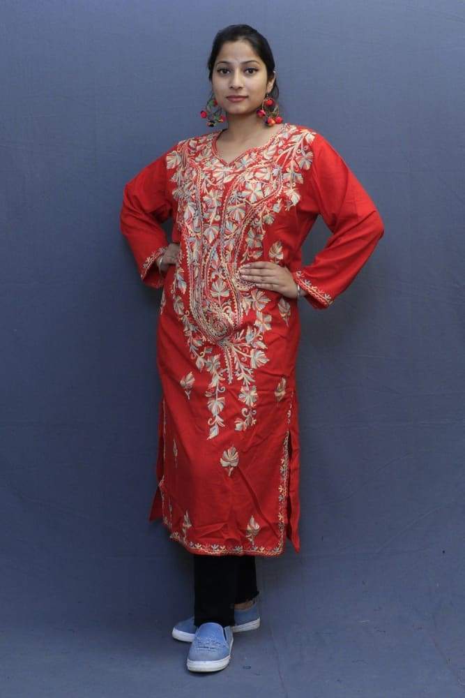 Tomato Red Colour Cotton Kurti With Fine Woven Kashmiri