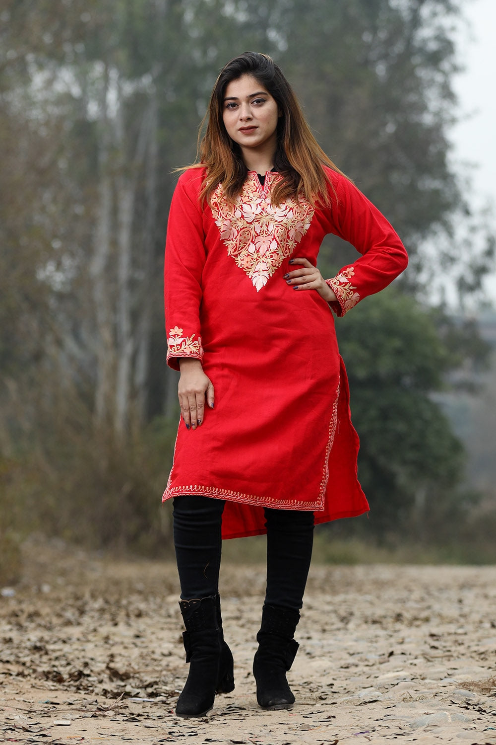 Traditional Red Color Aari Work Embroidered Kurti With New