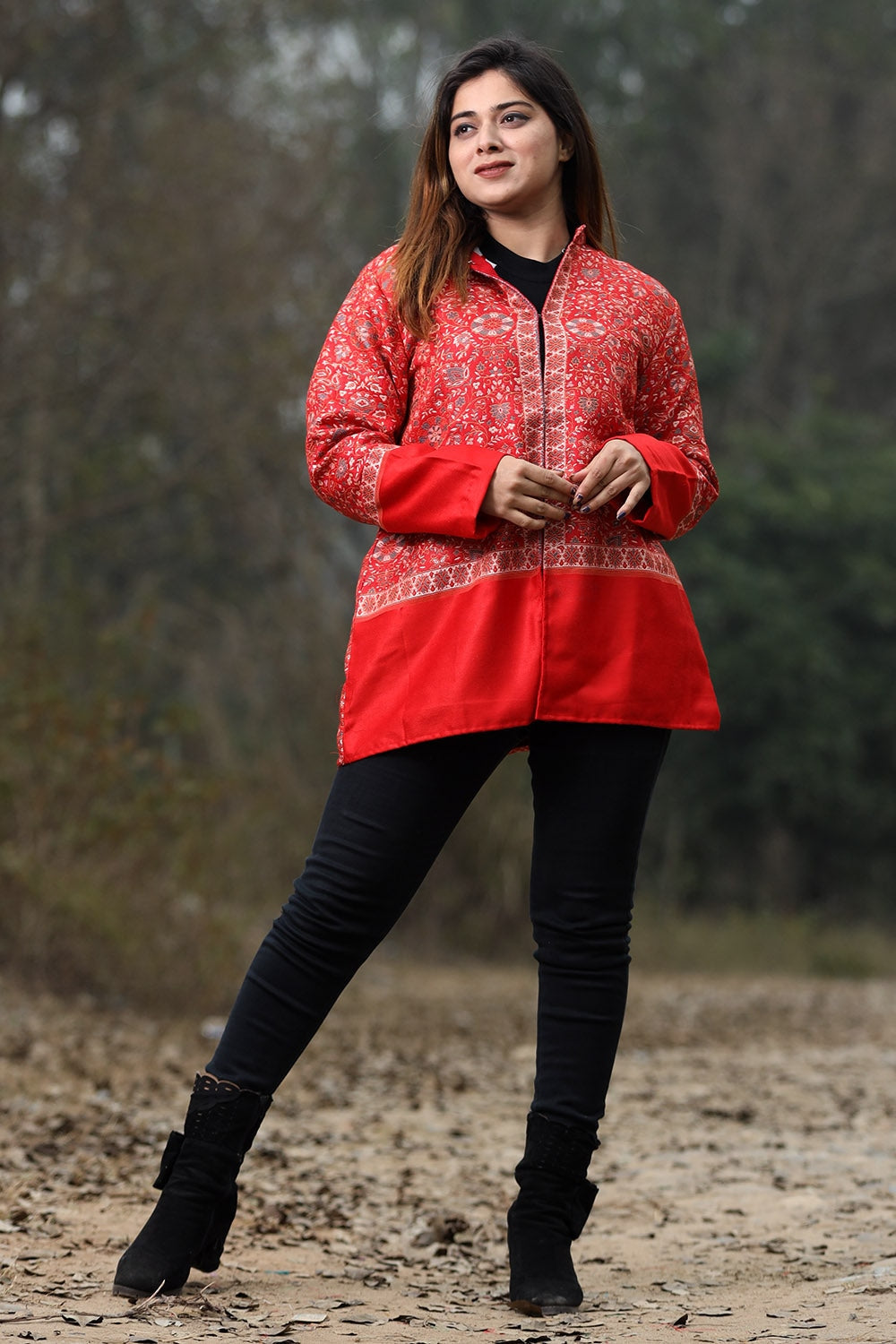 Traditional Red Colour Jamawar Woven Jacket With Beautiful