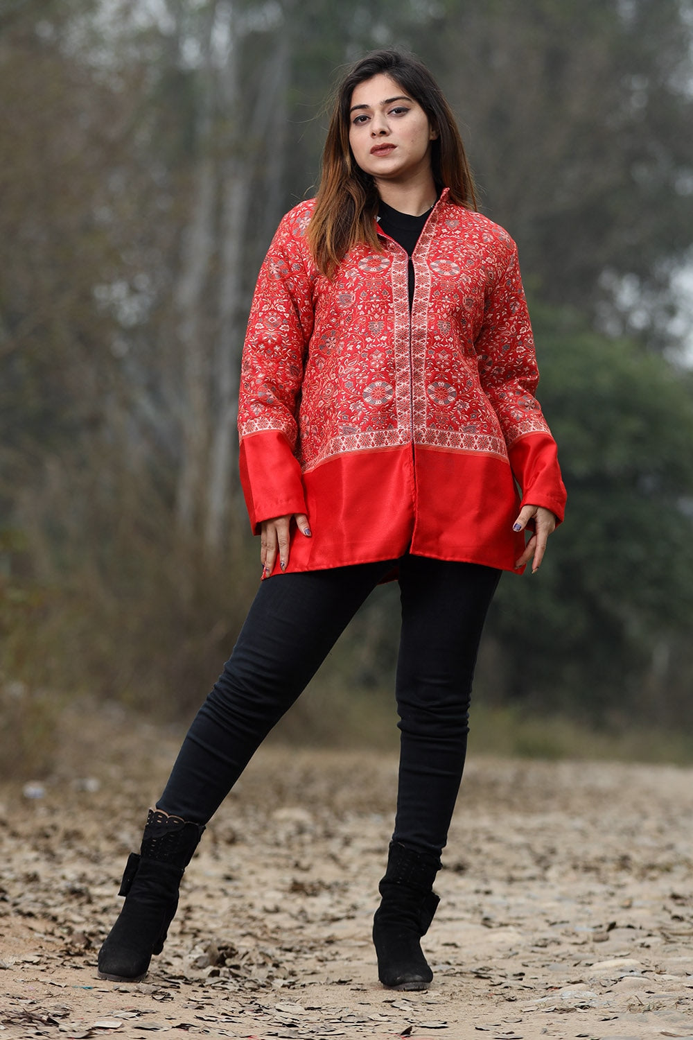 Traditional Red Colour Jamawar Woven Jacket With Beautiful