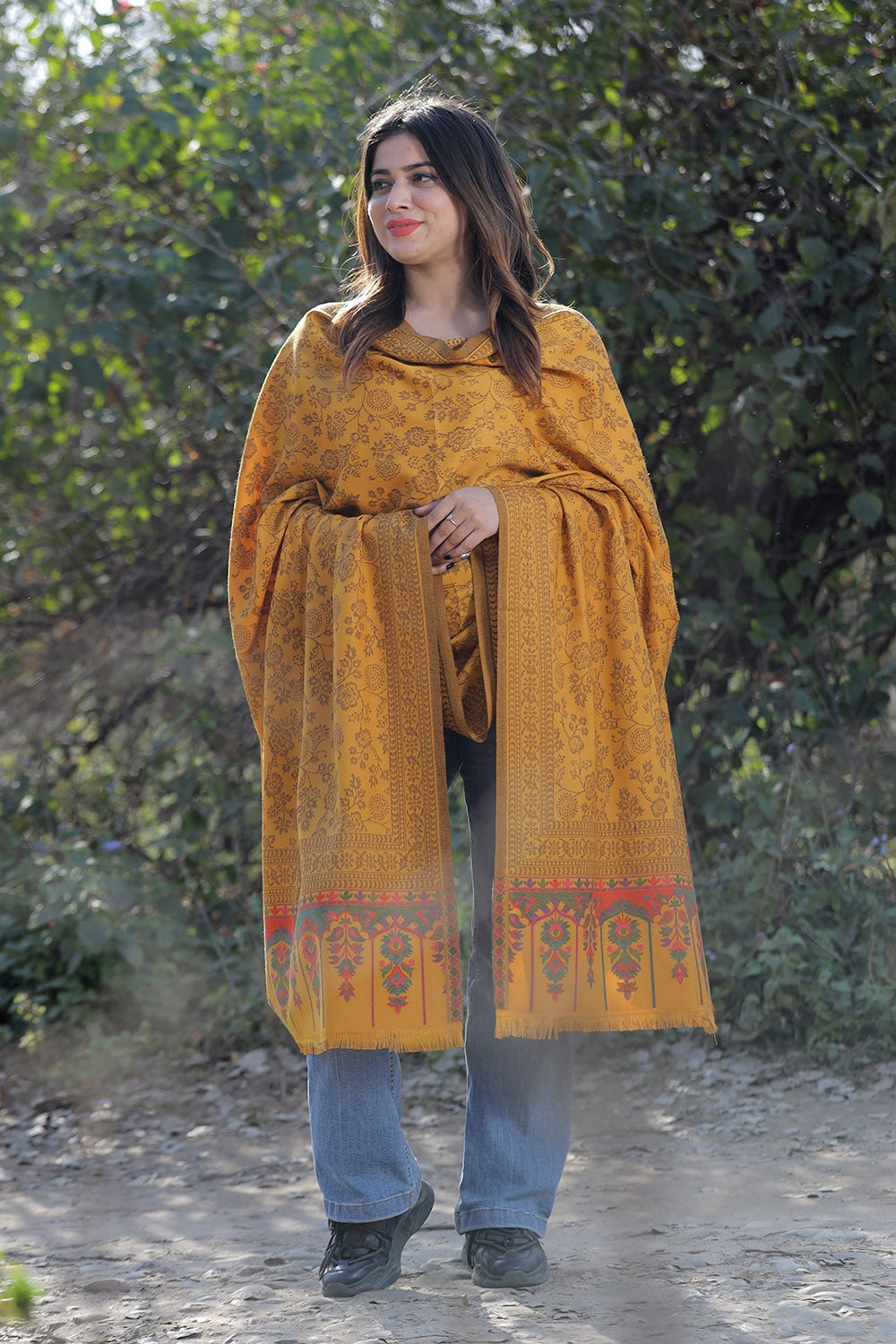 Traditional Kashmiri Mustard COLOUR KANI SHAWL WORK DEFINES
