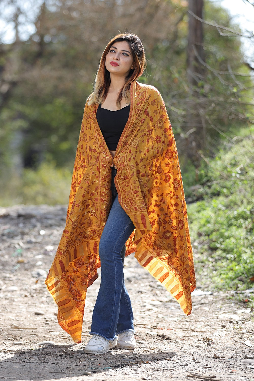 TRADITIONAL KASHMIRI MUSTARD COLOUR SHAWL WITH ZARI & KANI