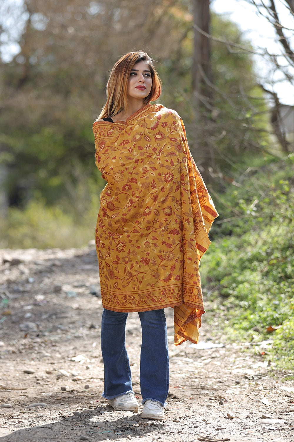 TRADITIONAL KASHMIRI MUSTARD COLOUR SHAWL WITH ZARI & KANI