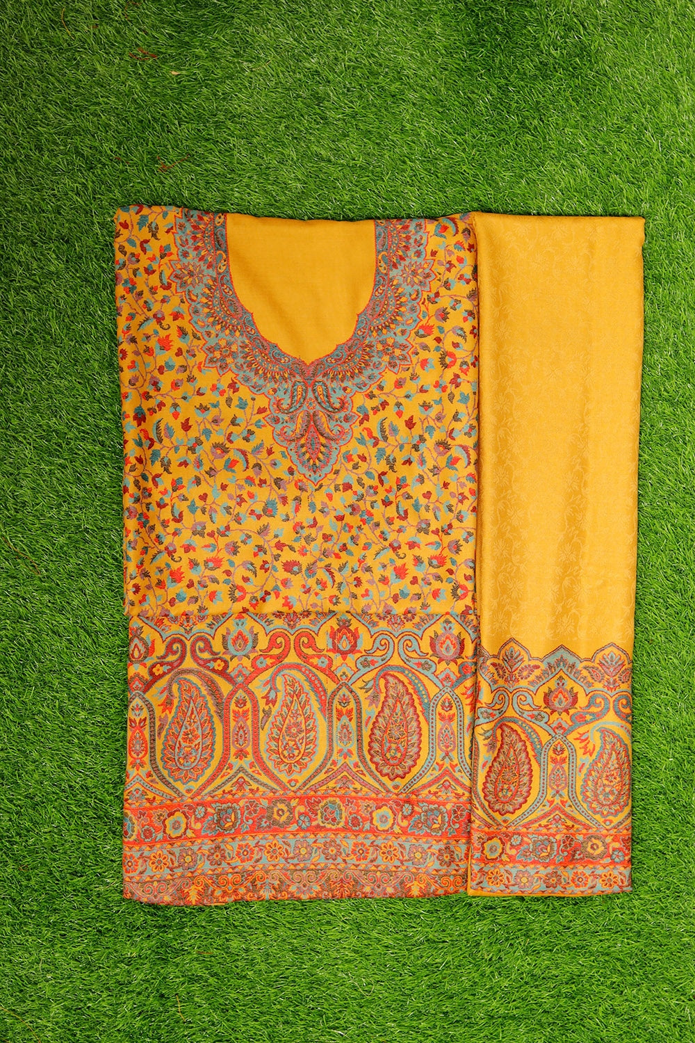 TRADITIONAL KASHMIRI MUSTARD Cotton Kani Suit With Self