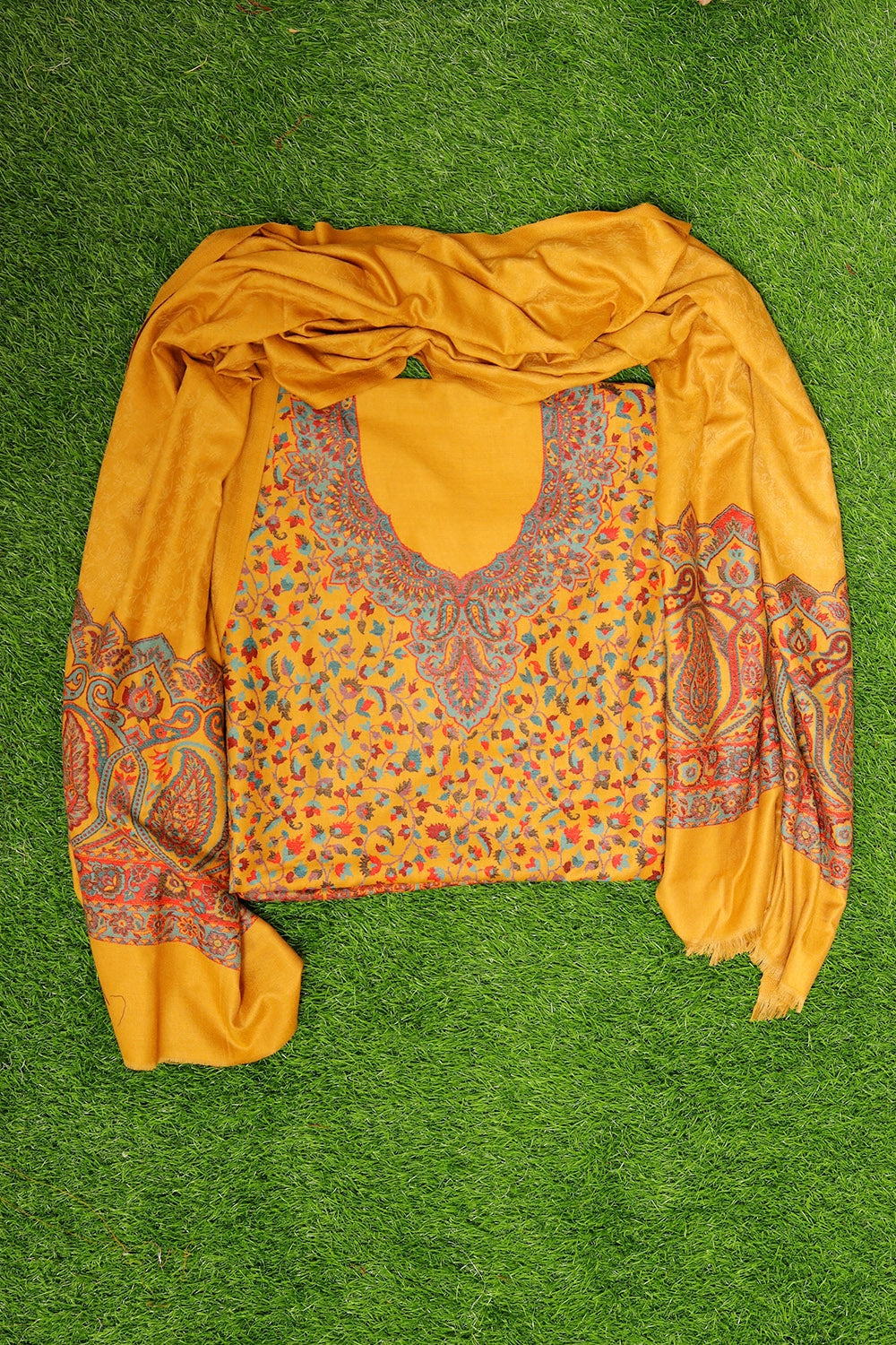 TRADITIONAL KASHMIRI MUSTARD Cotton Kani Suit With Self