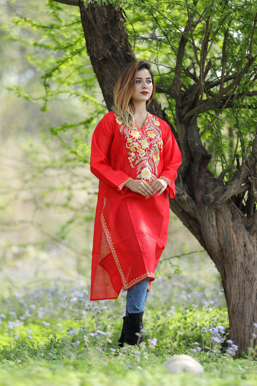 Traditional Red Colour Rayon Silk Kurti With Beautiful Aari