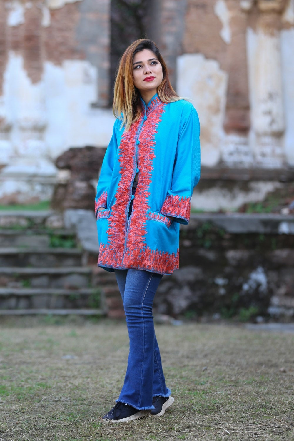 Turquoise Blue Colour Kashmiri Aari Work Embroidered Jacket