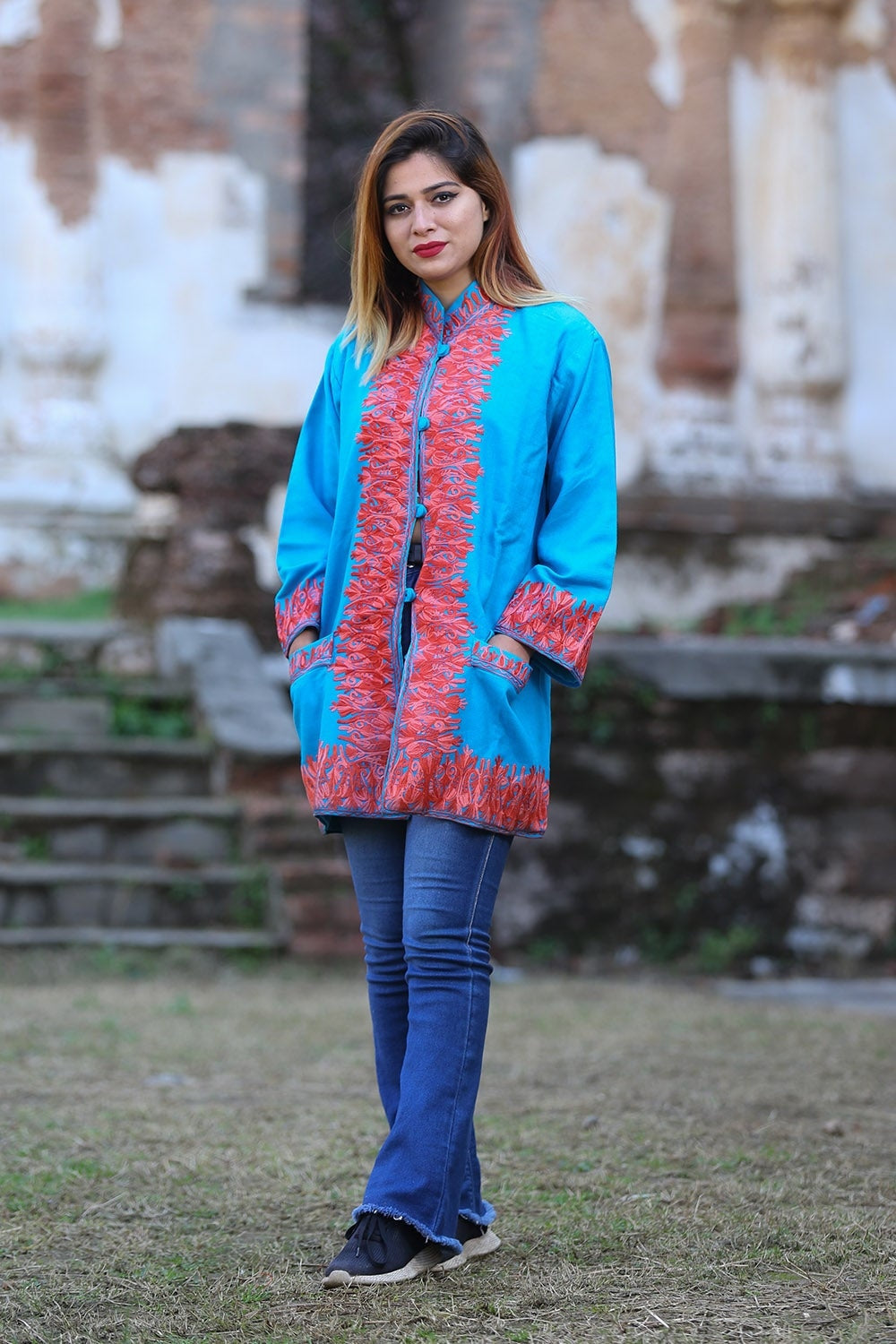 Turquoise Blue Colour Kashmiri Aari Work Embroidered Jacket