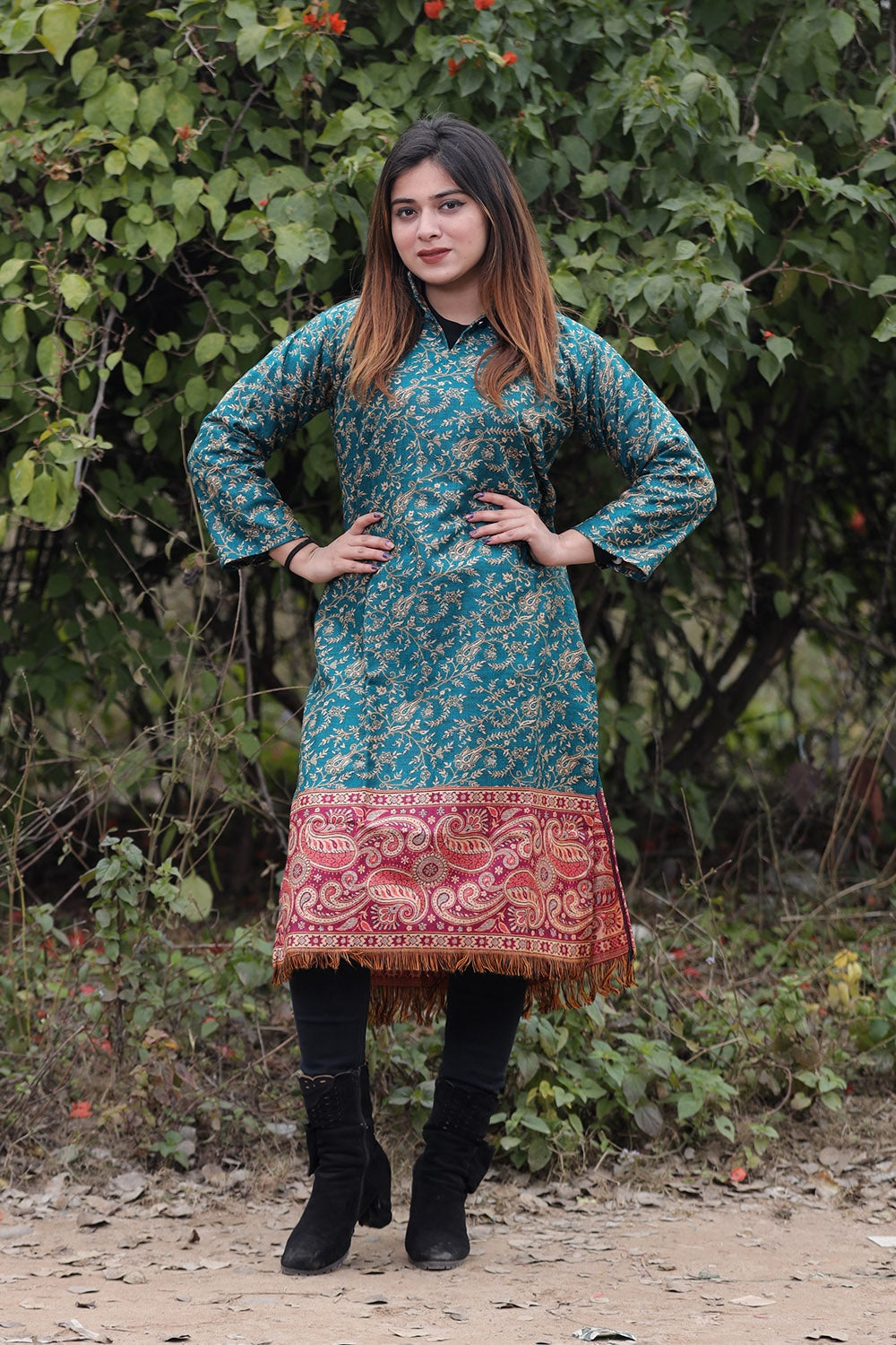 Turquoise Blue COLOUR KASHMIRI WOVEN KURTA WITH NEW DESIGNER