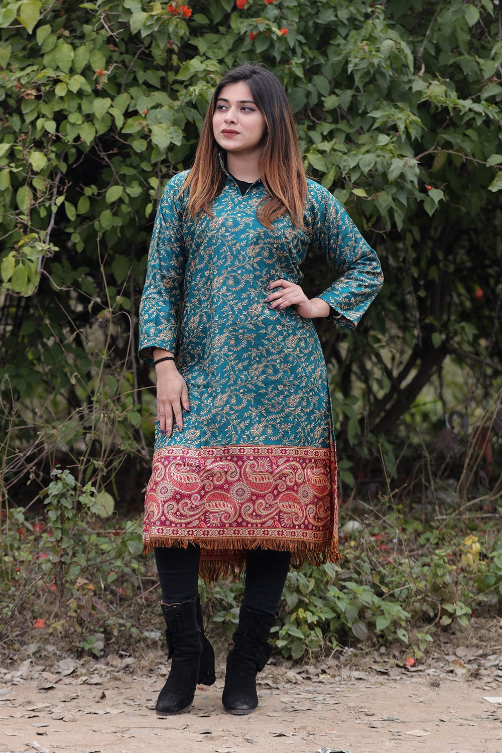 Turquoise Blue COLOUR KASHMIRI WOVEN KURTA WITH NEW DESIGNER