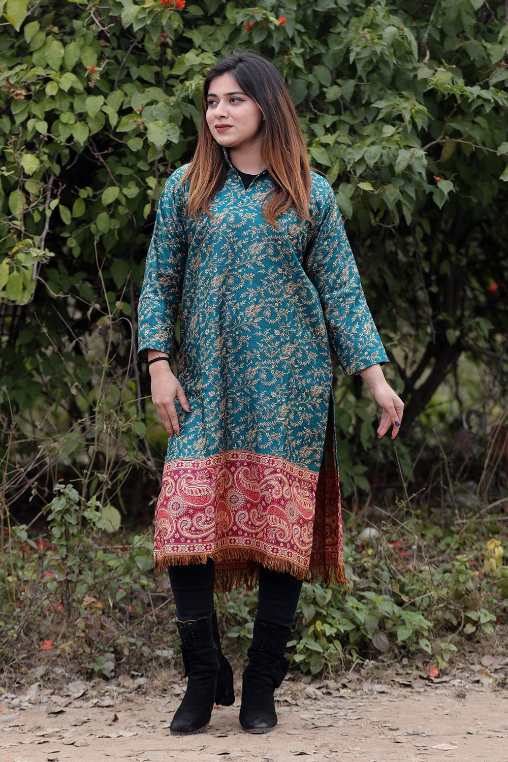 Turquoise Blue COLOUR KASHMIRI WOVEN KURTA WITH NEW DESIGNER