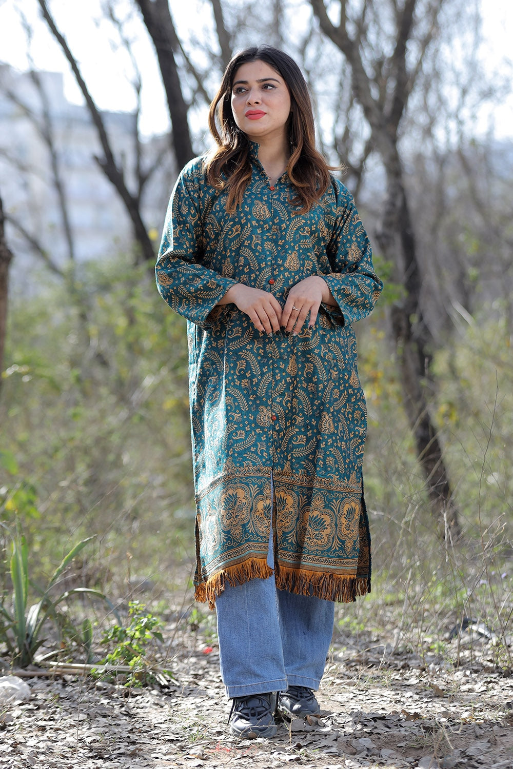 Turquoise blue Color Kashmiri Woven Sherwani With Paisleys