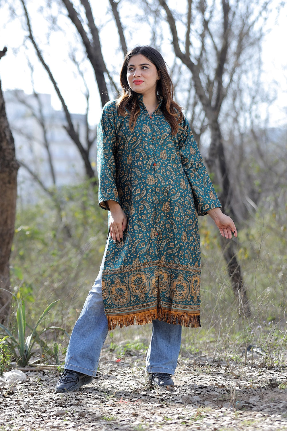 Turquoise blue Color Kashmiri Woven Sherwani With Paisleys