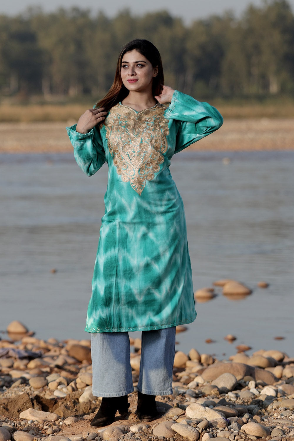 TURQUOISE BLUE COLOUR TIE DYE Aari Tilla Work Embroidered