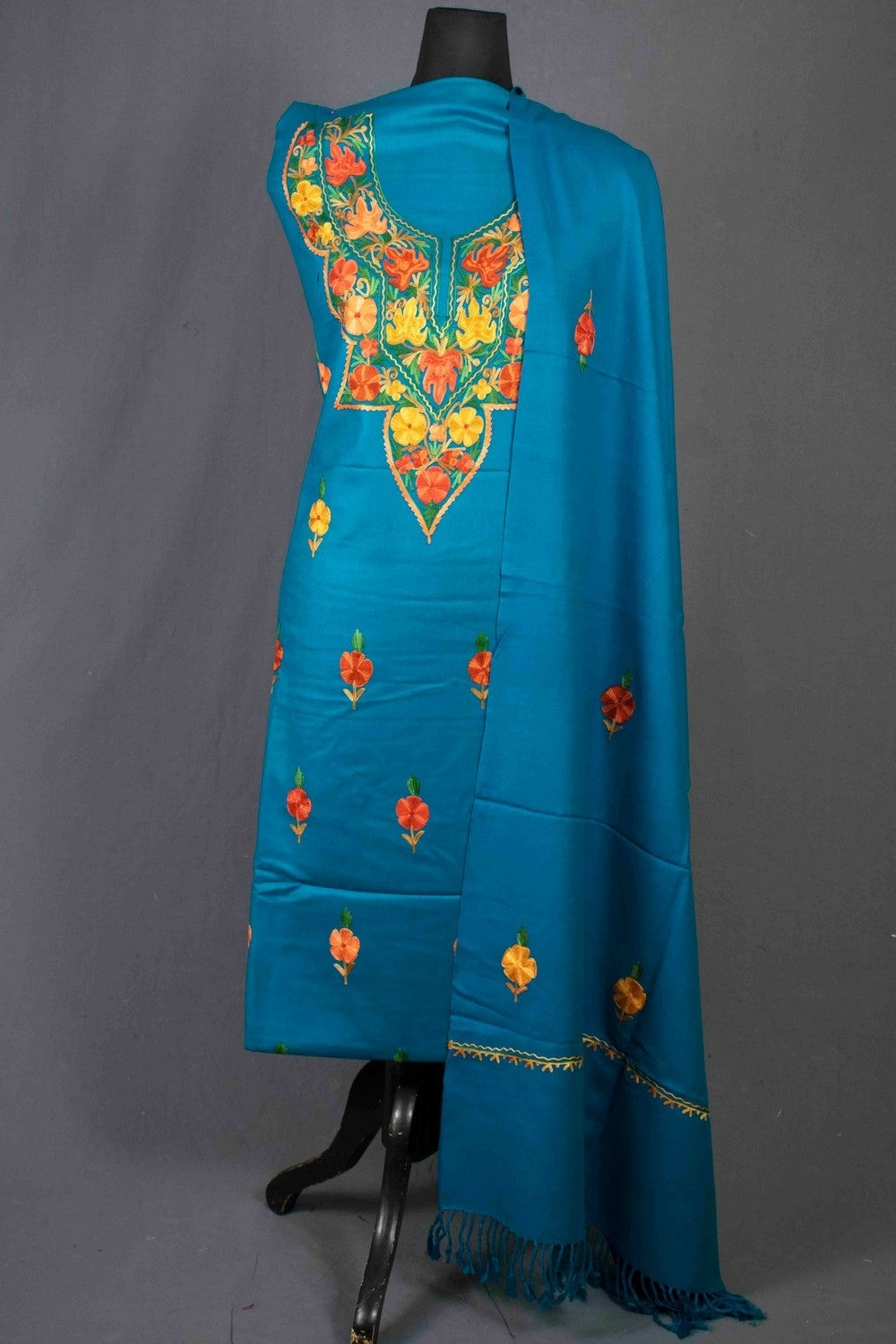 Turquoise Green Color Kashmiri Aari Work Heavy Neck