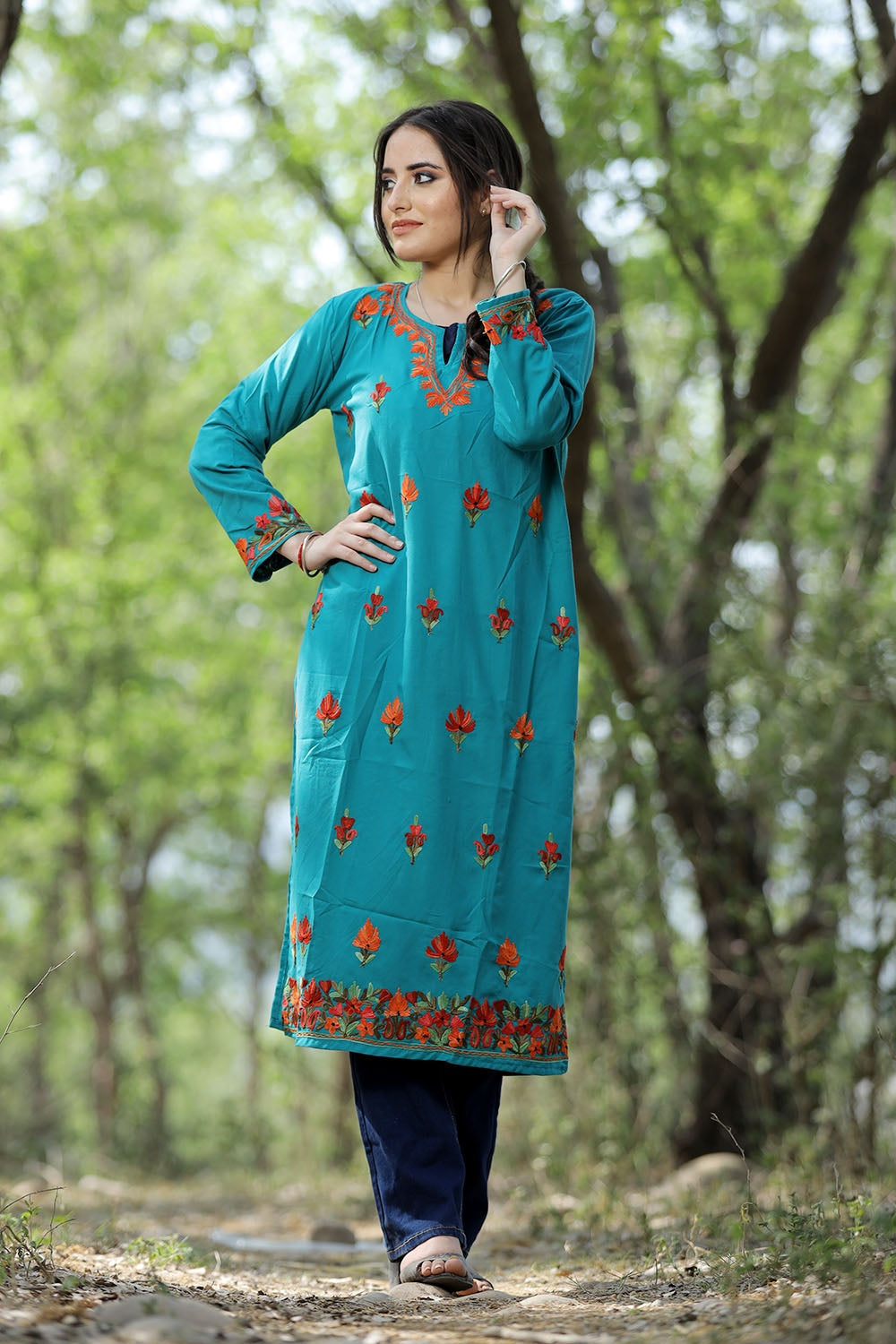 Turquoise Green Colour Cotton Kurti With Kashmiri Motifs