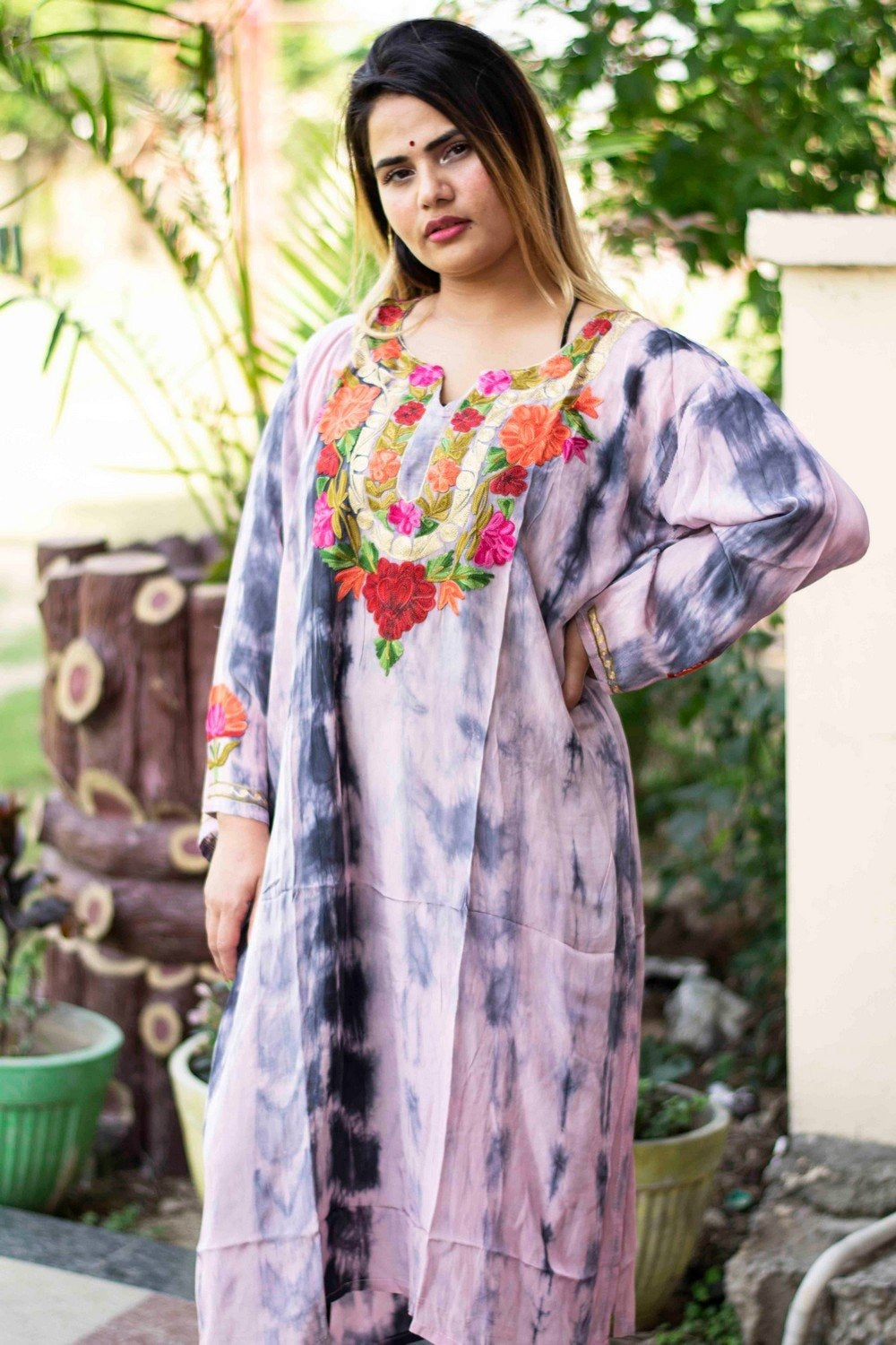 Tye Dye Multi Colored Kashmiri Kurti With Beautiful Aari
