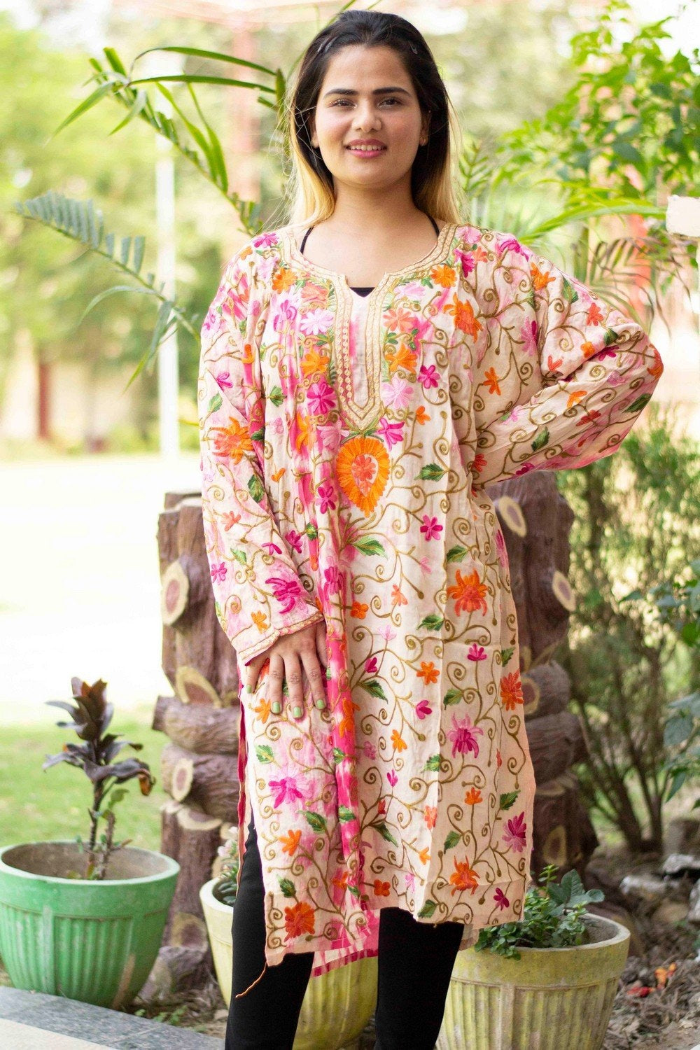 Tye Dye Multicolored Kashmiri Crepe Kurti With Beautiful