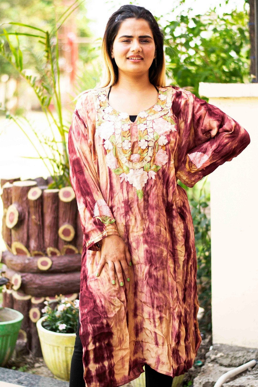 Tye Dye Multicolored Kashmiri Crepe Kurti With Beautiful