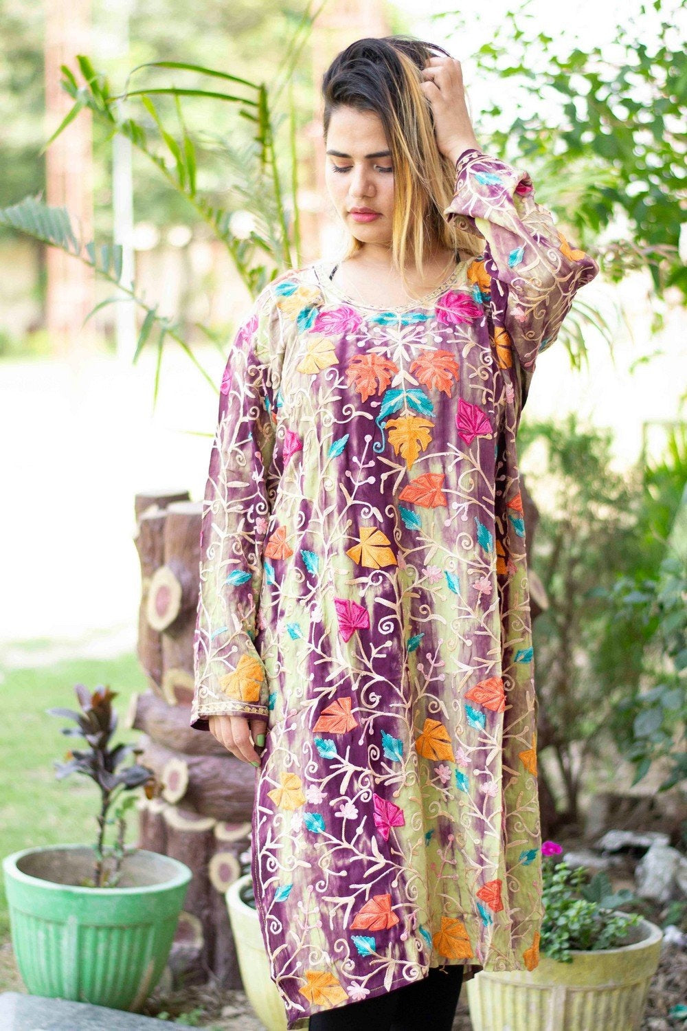 Tye Dye Multicolored Kashmiri Kurti With Beautiful Aari