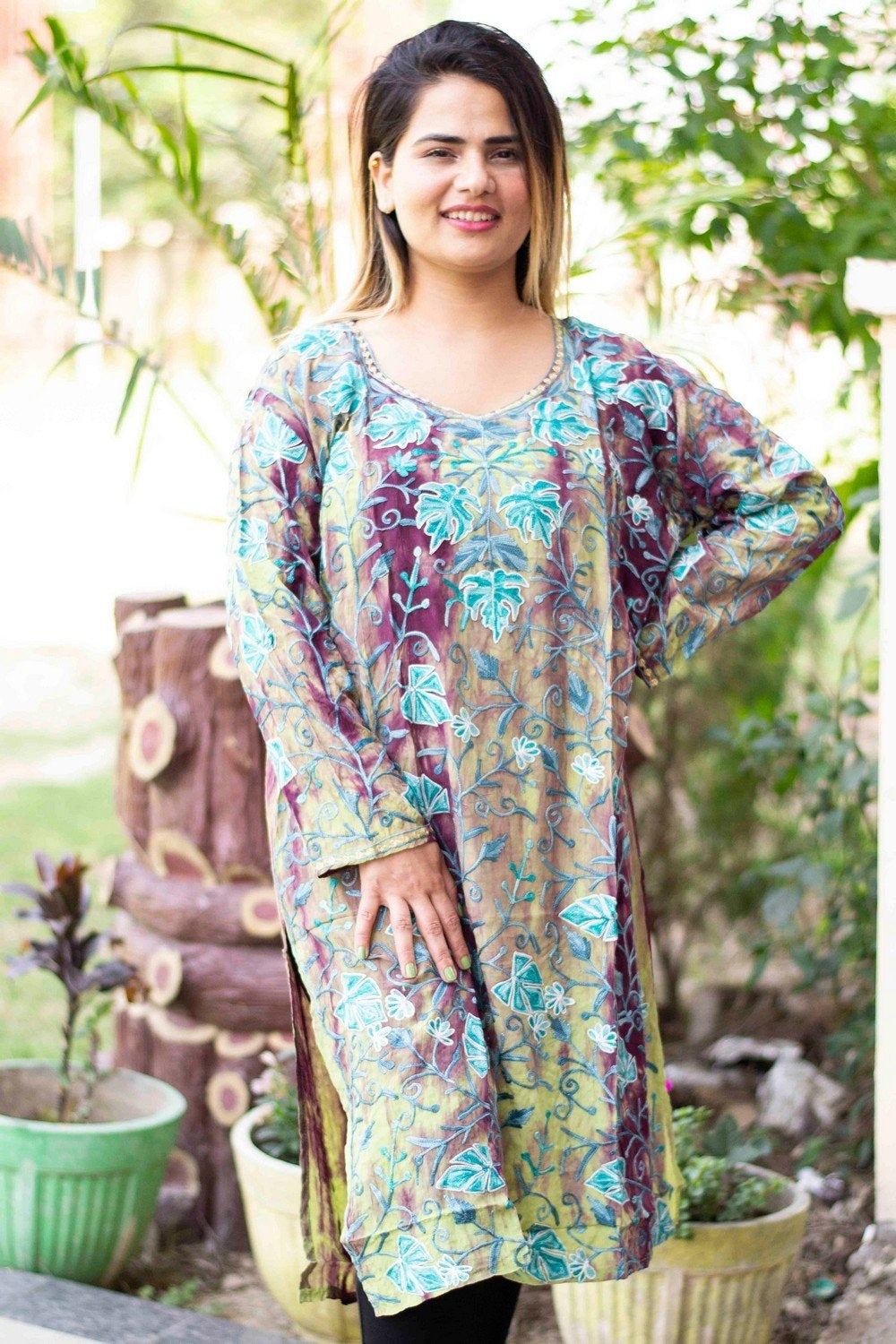 Tye Dye Multicolored Kashmiri Kurti With Beautiful Aari