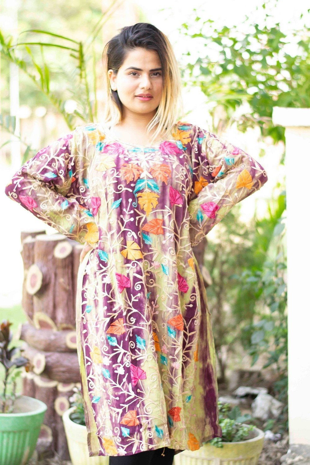 Tye Dye Multicolored Kashmiri Kurti With Beautiful Aari