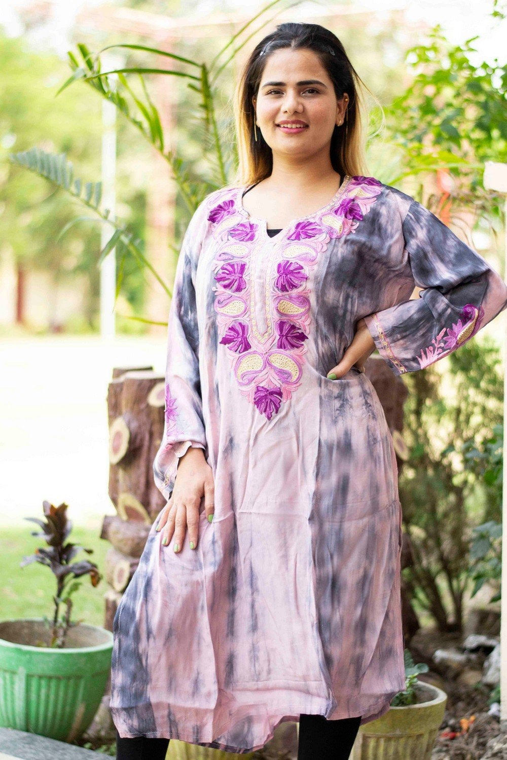 Tye Dye Purple Colour Kashmiri Crepe Kurti With Beautiful