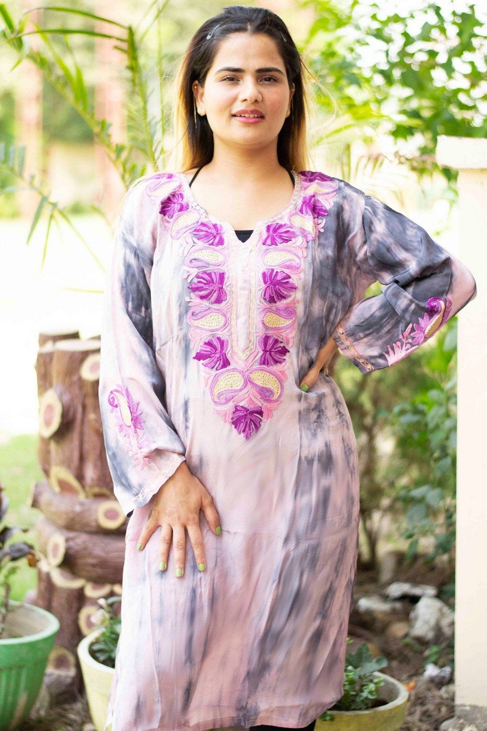 Tye Dye Purple Colour Kashmiri Crepe Kurti With Beautiful