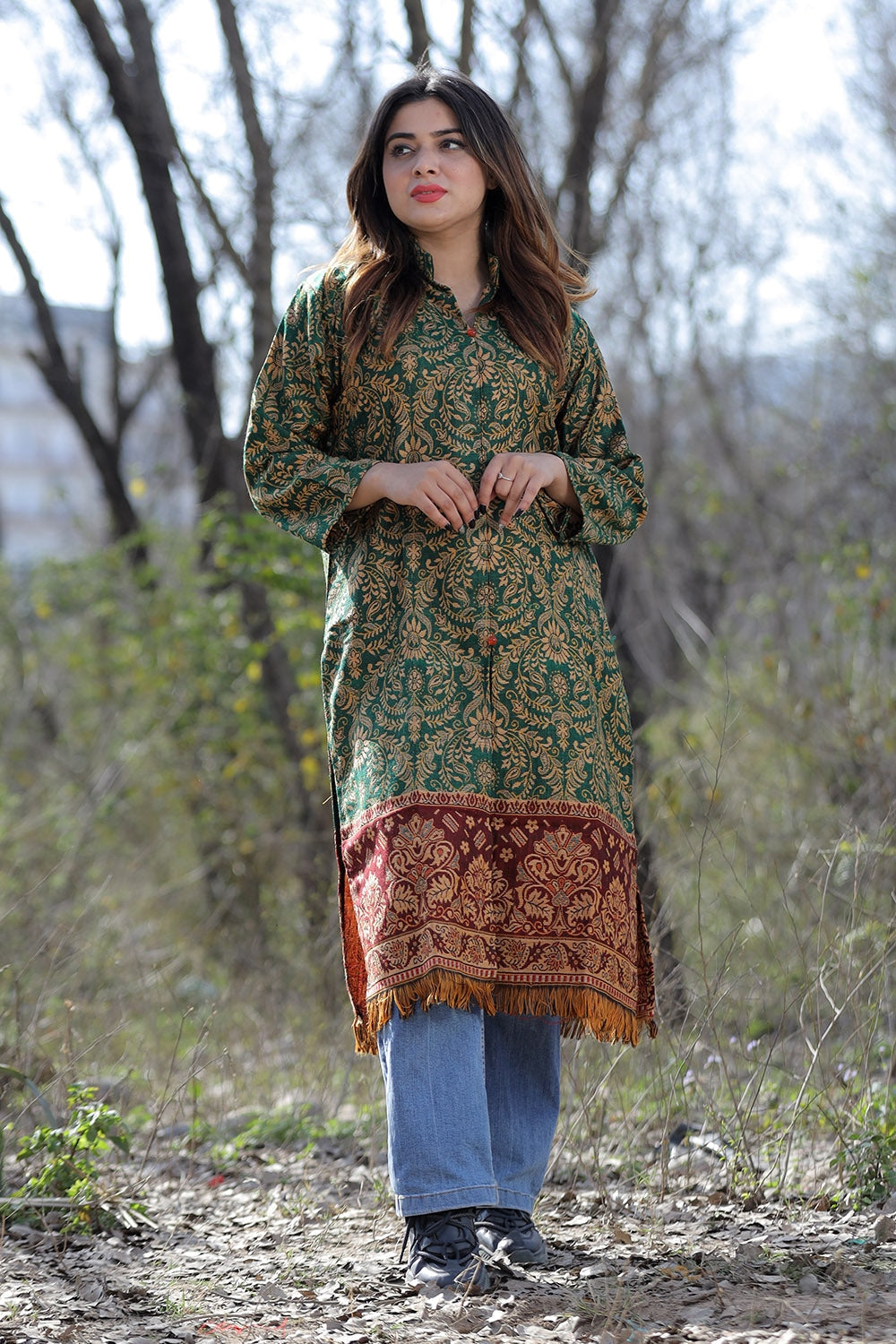 Veggie Green Color Kashmiri Woven Sherwani Kurti