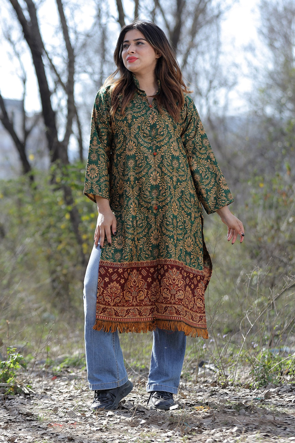 Veggie Green Color Kashmiri Woven Sherwani Kurti