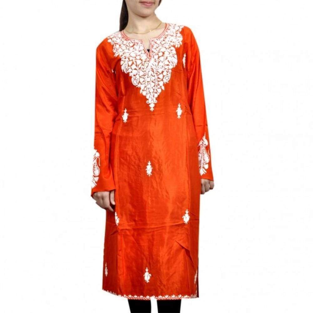 Vermilion Orange Aari Work Kurti With Milky White Neckline